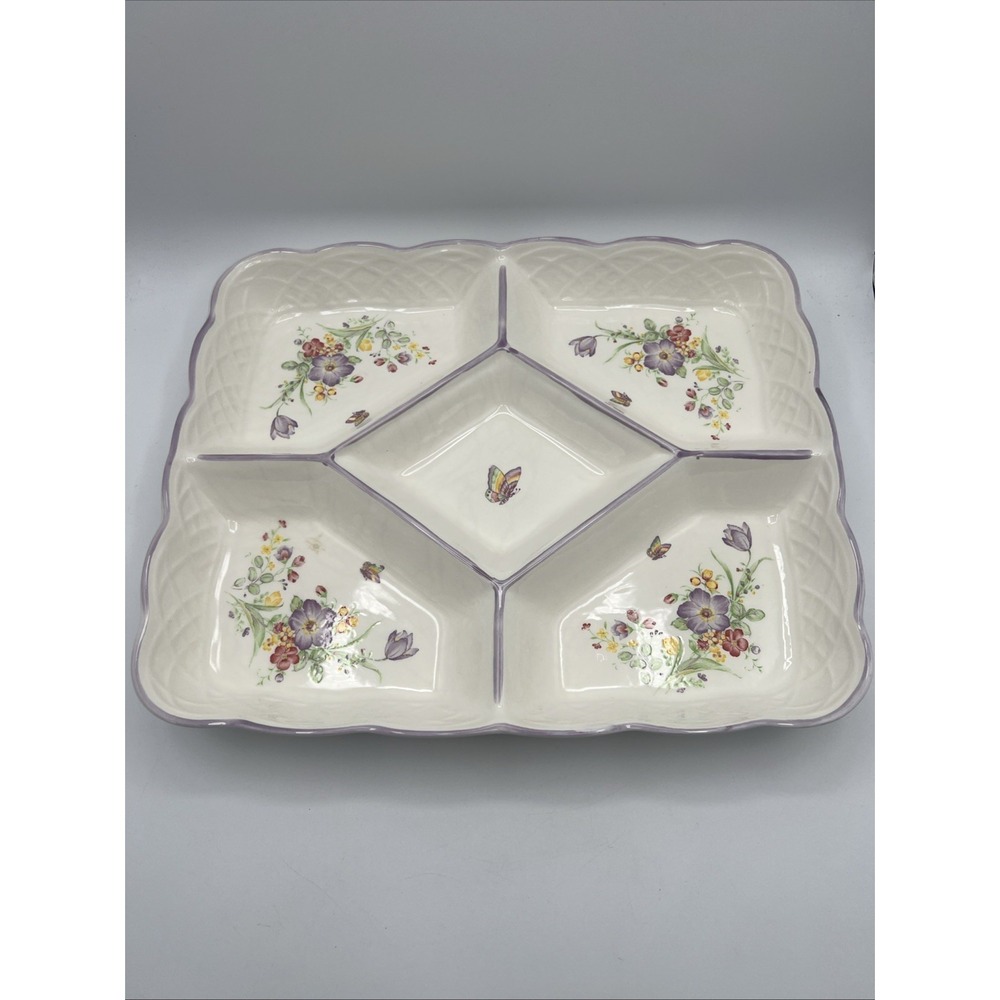 VTG Ceramic divided Floral Serving Dish Easter Spring Japan Butterfly Rainbow